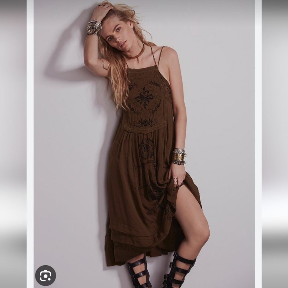 Free People Diamond in the Sky Dress XS Green with Black Embroidery Boho Beauty